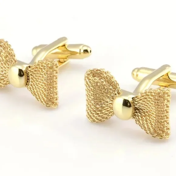 Elegant Gold Mesh Bow Cufflinks Classic Gold Tone Formal Unisex - Picture 4 of 4